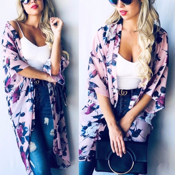 Bellanblue Sweaters - TONJA Floral Print Kimono Cardigan - BLUSH   